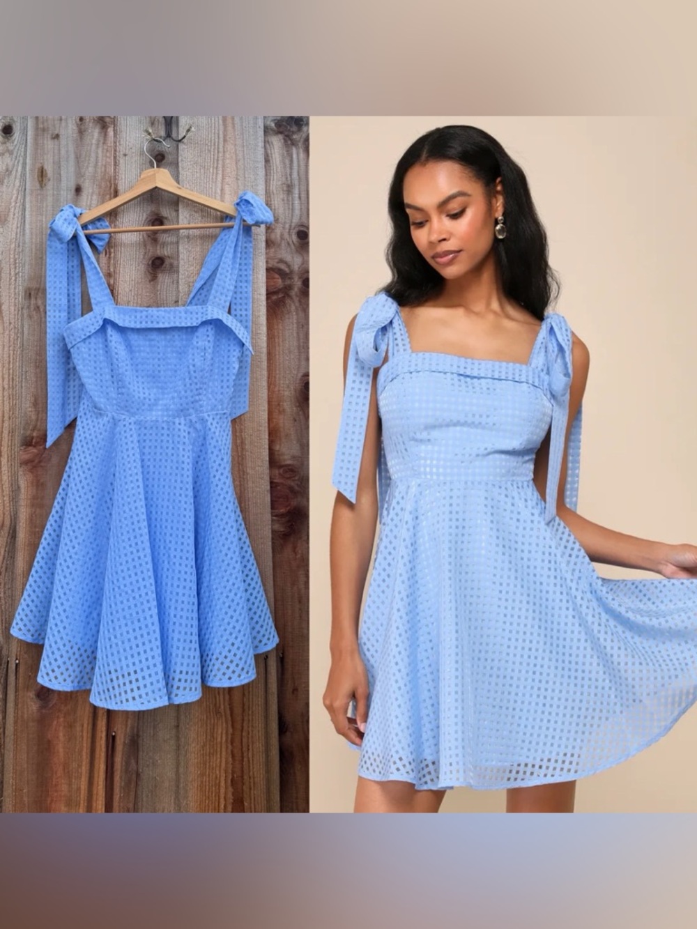 Periwinkle Blue Gingham Fit-and-Flare Tie-Strap Bow Mini Dress 🌿